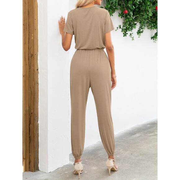 Chicgenes Short Sleeve V-Neck Jumpsuit with Pockets | Size Large - Picture 2 of 5